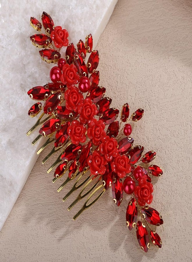 Rumtock Red Rose Flower Red Crystal Beads Gold Hair Comb for Carnival Women Wedding Bridal Side Headpiece Jewelry (Red) - Image 3