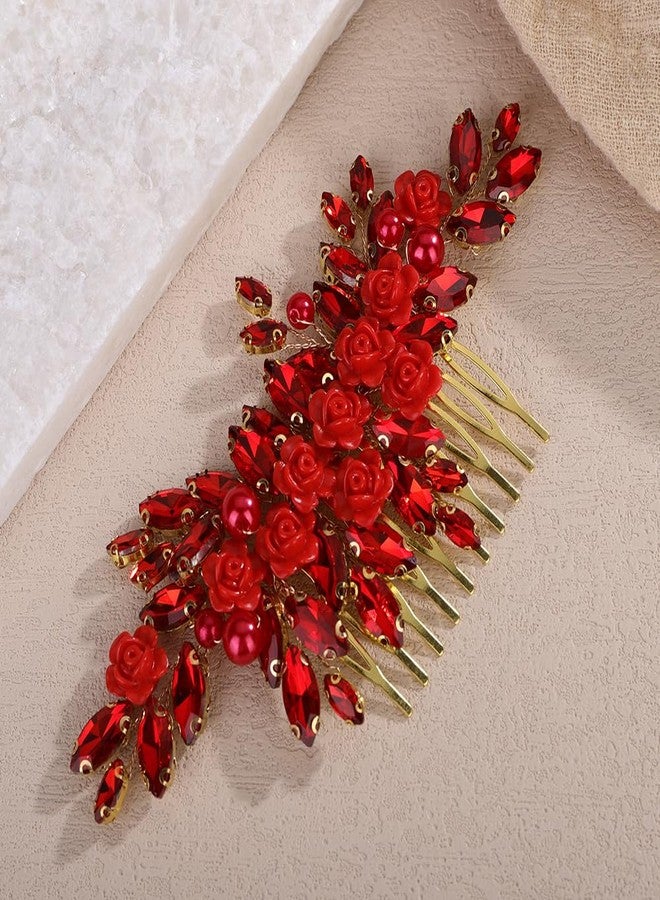 Rumtock Red Rose Flower Red Crystal Beads Gold Hair Comb for Carnival Women Wedding Bridal Side Headpiece Jewelry (Red) - Image 1