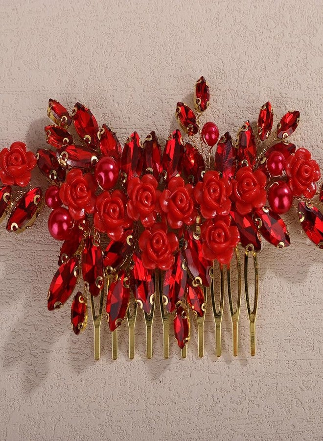 Rumtock Red Rose Flower Red Crystal Beads Gold Hair Comb for Carnival Women Wedding Bridal Side Headpiece Jewelry (Red) - Image 4