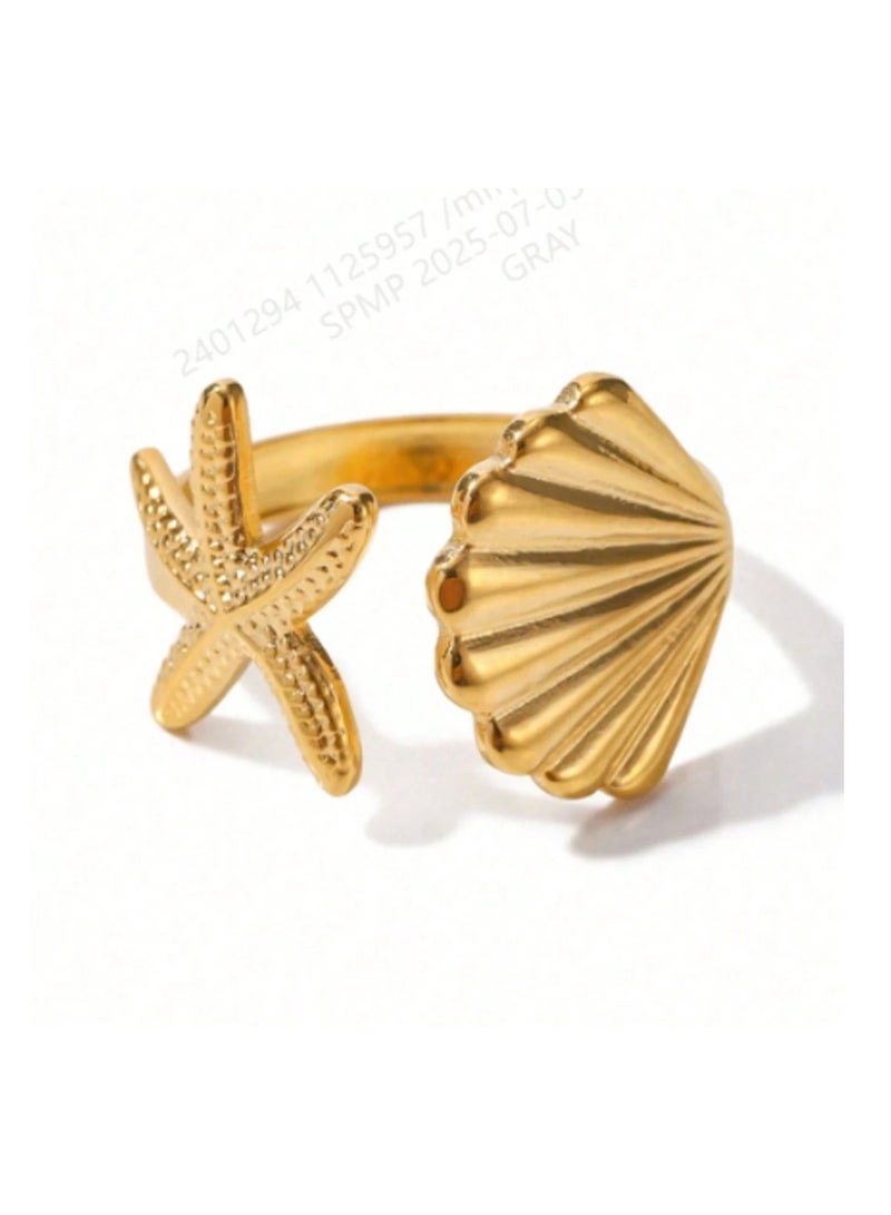 Shein 1pc Stainless Steel 3D Shell & Starfish Ring, - Image 1