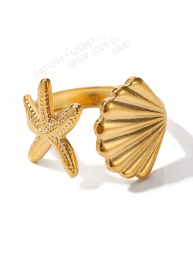 Shein 1pc Stainless Steel 3D Shell & Starfish Ring, - Image 2