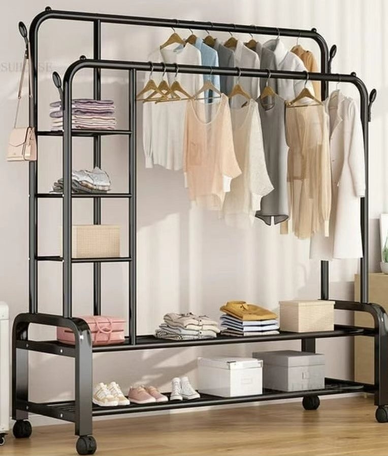CAMELMALL Heavy Duty Black Rolling Metal Clothes Rack – with Side Storage Shelves & Wheels, 155x110x55 cm, Garment Organizer for Entryway, Balcony, or Bedroom - Image 2
