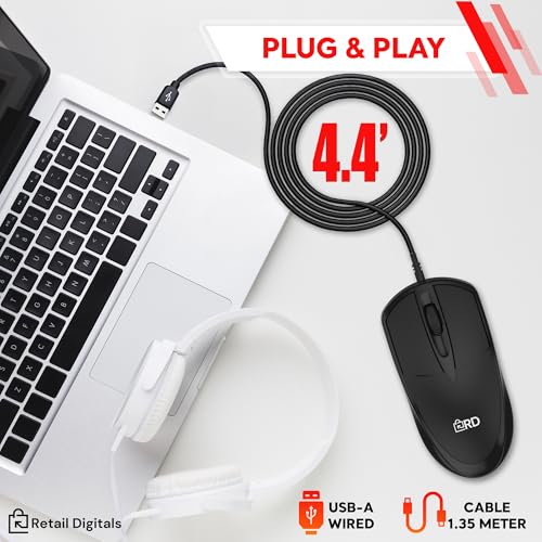 Retail Digitals 3-Button USB Wired Mouse | High-Precision Optical Tracking | Durable for Desktop & Laptop | Black - Image 4