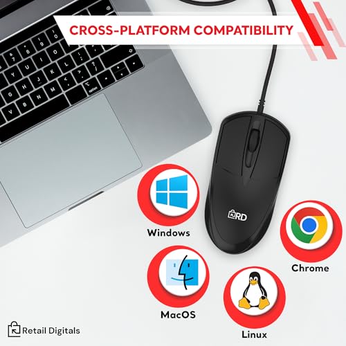 Retail Digitals 3-Button USB Wired Mouse | High-Precision Optical Tracking | Durable for Desktop & Laptop | Black - Image 3