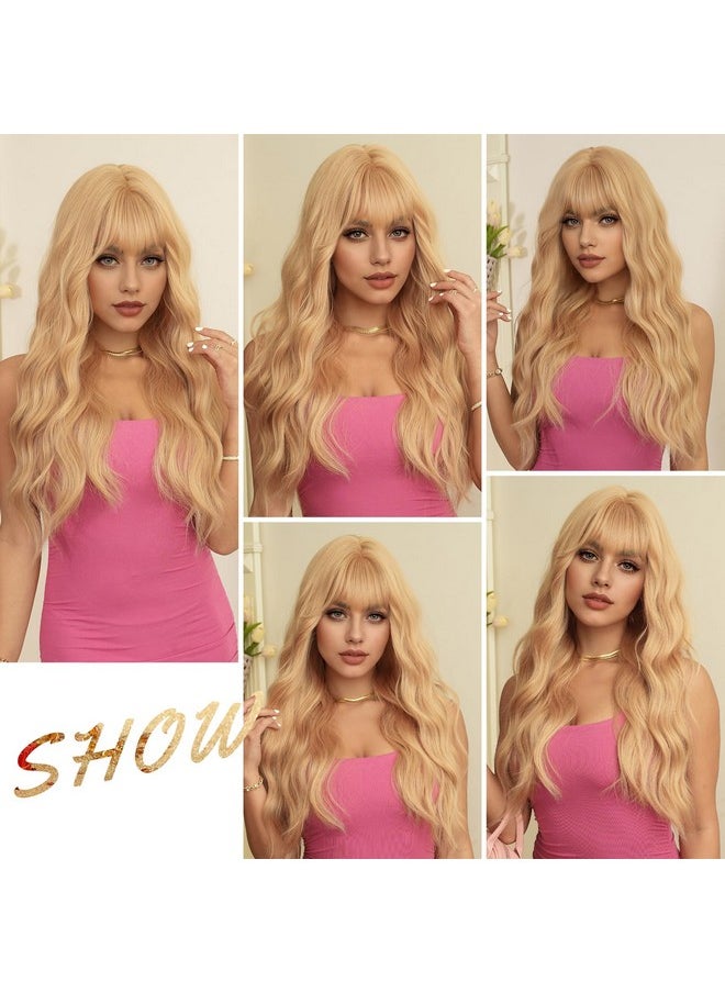 7JHH WIGS - 28In Long Curly Blone Wavy Wigs With Natural Bangs Heat Resistant Fibre Wet Wave Women Wigs For Holiday Festival Christmas Daily Party Daily Used - Image 1