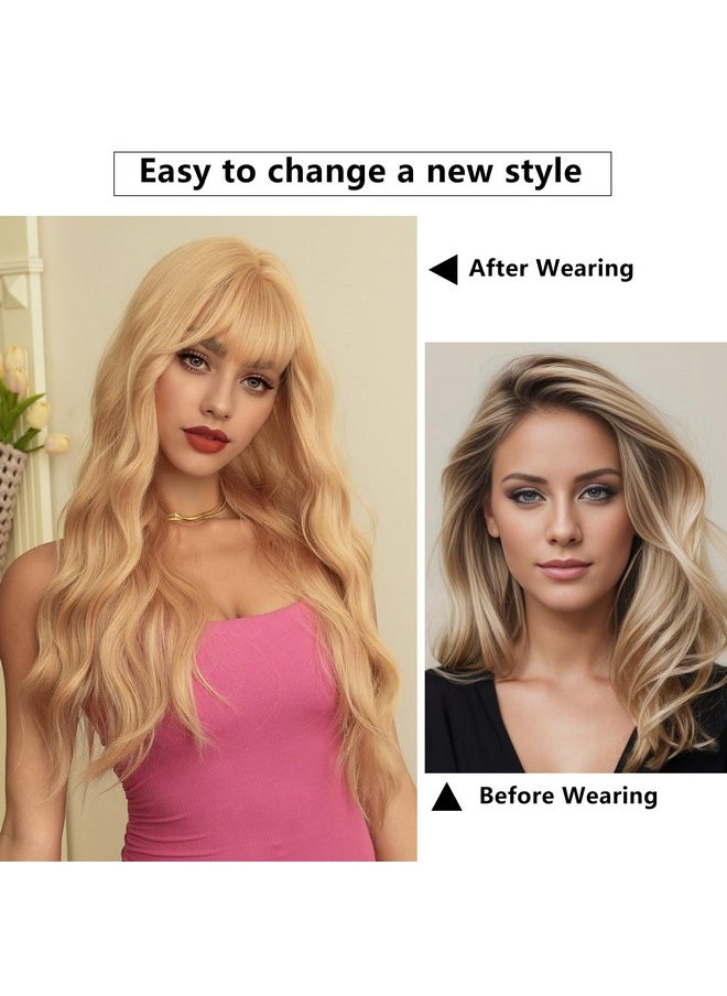 7JHH WIGS - 28In Long Curly Blone Wavy Wigs With Natural Bangs Heat Resistant Fibre Wet Wave Women Wigs For Holiday Festival Christmas Daily Party Daily Used - Image 1