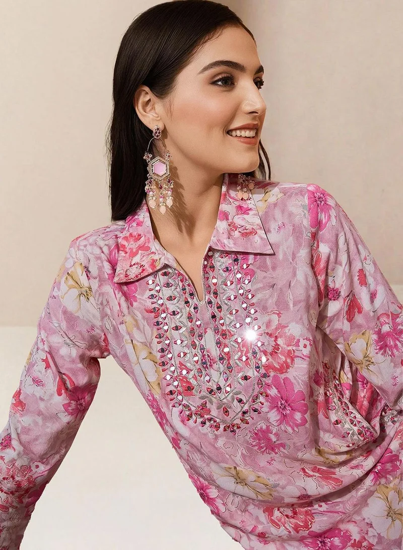 ISHIN Women's Pink Rayon Printed Tunic Full Length Palazzo Straight Fit Kurta Set