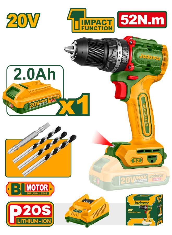 Jadever Brushless Cordless Impact Drill with Battery & Charger & Drill Bits