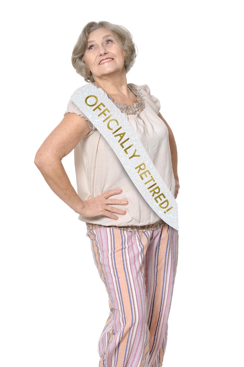 JPACO Officially Retired Celebration Sash - Elegant Retirement Sash for Women and Men with Oversized Safety Pin. Perfect for Retirement Parties, Events, and Decorations by JPACO (White) - Image 4