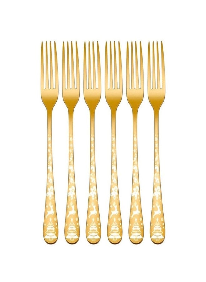 Sugalsu Christmas Pattern Handle Design Silverware Set, Stainless Steel Flatware Sets, Kitchen Utensil Set, Tableware Cutlery for Home and Restaurant, Dishwasher Safe (Pack of 6, Gold) - Image 1
