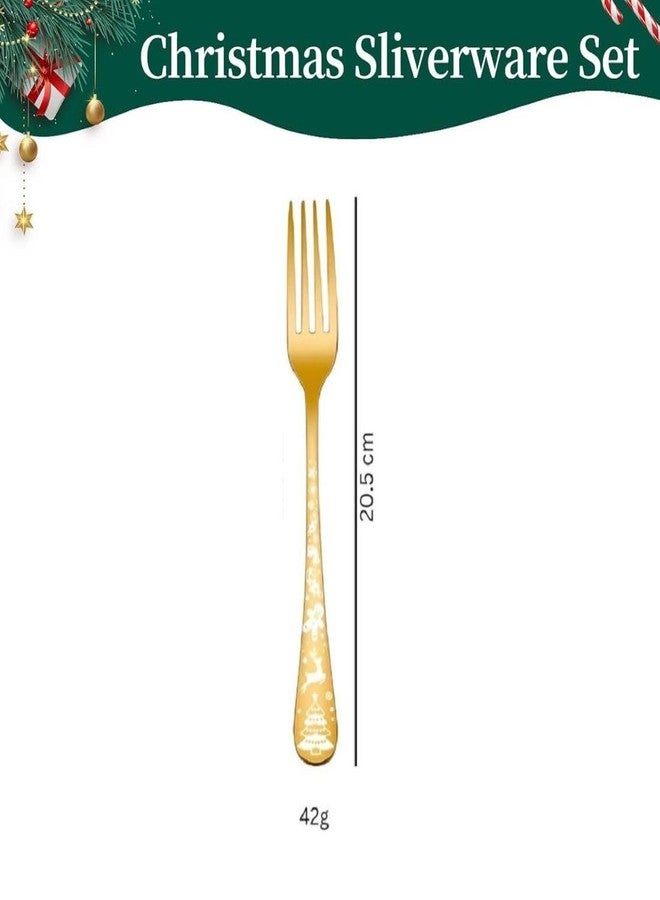 Sugalsu Christmas Pattern Handle Design Silverware Set, Stainless Steel Flatware Sets, Kitchen Utensil Set, Tableware Cutlery for Home and Restaurant, Dishwasher Safe (Pack of 6, Gold) - Image 2