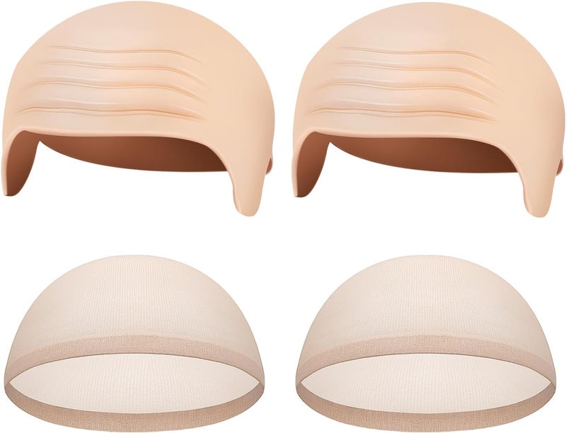 Hoedia 2Pack Latex Bald Cap with 2 PCS Wig Caps for Adults Women Men Cosplay Costume Accessories for Halloween Party