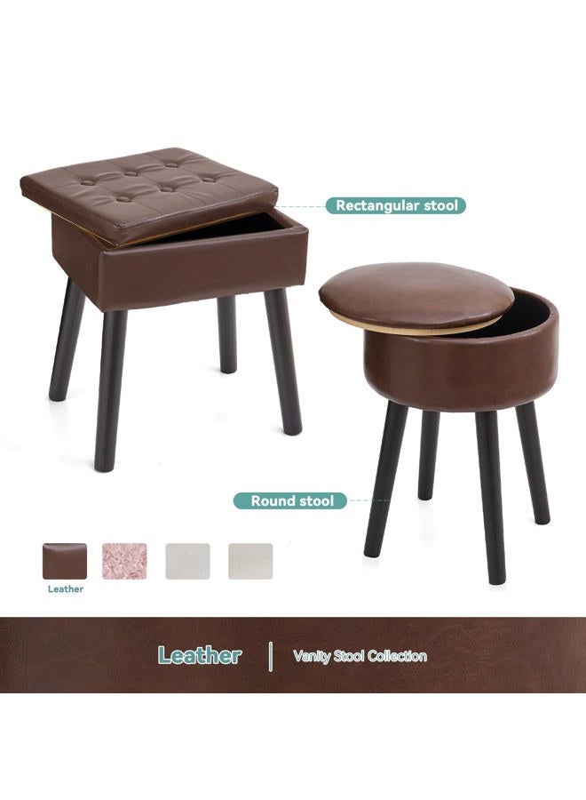 BRIAN & DANY Vanity Stool, Leather Vanity Stool Chair with Storage, Round Makeup Chair Soft Padded Seat with Legs for Bedroom (Brown) - Image 3