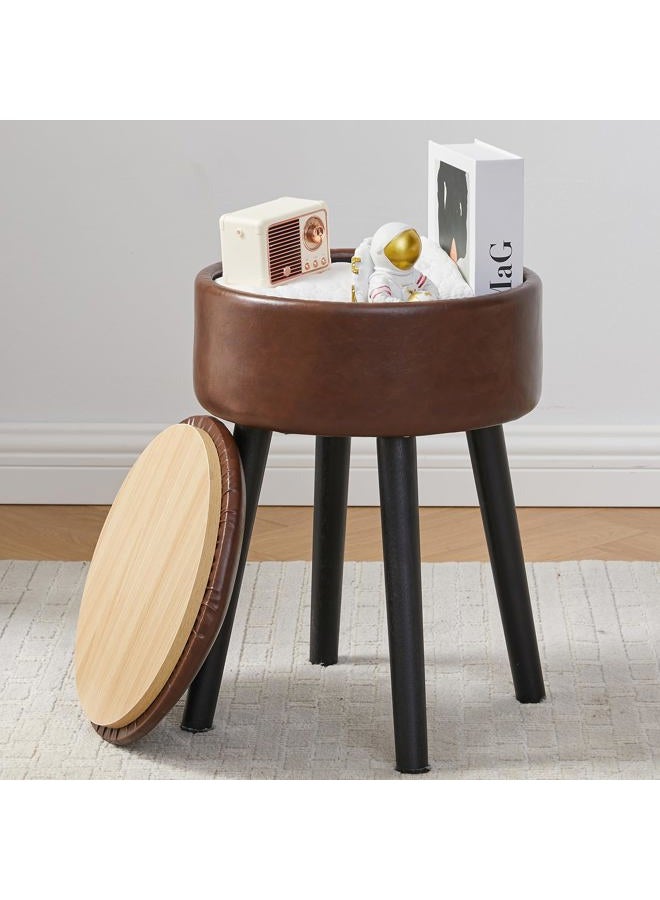 BRIAN & DANY Vanity Stool, Leather Vanity Stool Chair with Storage, Round Makeup Chair Soft Padded Seat with Legs for Bedroom (Brown) - Image 1