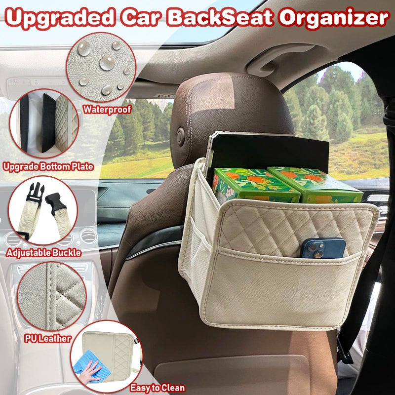 Witaxima Upgrade Car Seat Organizer Backseat with Storage Pockets, Multipurpose Car Organizer Hanging, Car Trash Bag Can,Premium PU Leather Garbage Can 2.14 Gallon Large Capacity Accessories Beige - Image 2