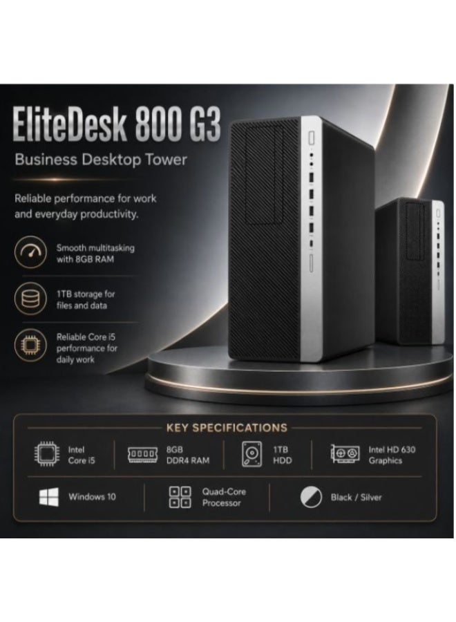 كمبيوتر مكتبي للأعمال  EliteDesk 800 G3 بمعالج Intel Core i5 وذاكرة 8GB DDR4 وقرص 1TB HDD ورسومات Intel HD 630 ونظام Windows 10 مع لوحة مفاتيح وماوس وكابلات - Image 3
