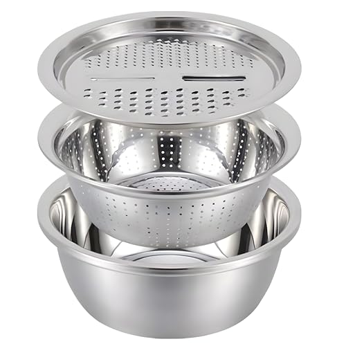 DAYANIDHI 3 in 1 Multipurpose Strainer Drainer Cutter Colander | Stainless Steel Cheese Grater & Salad Maker | Kitchen Drain Basket Set for Washing Fruits and Vegetables | 1 Piece - Image 1
