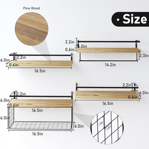 LUDORU Wood Floating Shelves Wall Mounted - 4+1 Tier Rustic Bathroom Wall Shelves Over Toilet with Wire Storage Basket and Towel Bar, Set of 4 Farmhouse Floating Shelf for Bathroom, Kitchen, Bedroom. - Image 2