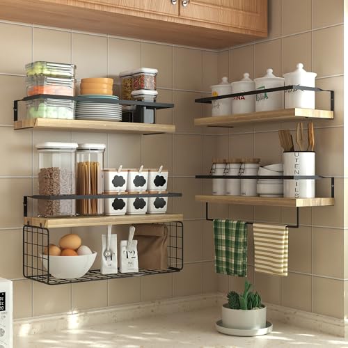 LUDORU Wood Floating Shelves Wall Mounted - 4+1 Tier Rustic Bathroom Wall Shelves Over Toilet with Wire Storage Basket and Towel Bar, Set of 4 Farmhouse Floating Shelf for Bathroom, Kitchen, Bedroom. - Image 4