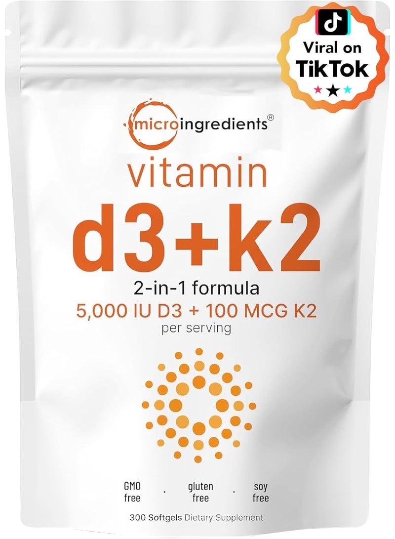Micro Ingredients Vitamin D3 5,000 IU + K2 MK-7 100 mcg 2-in-1 Vitamins D & K Complex | Extra Strength 300 Softgels - Image 1