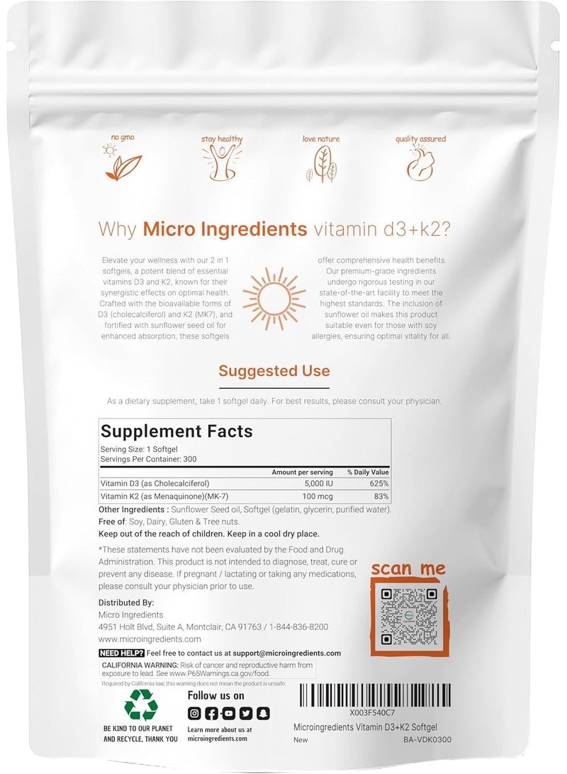 Micro Ingredients Vitamin D3 5,000 IU + K2 MK-7 100 mcg 2-in-1 Vitamins D & K Complex | Extra Strength 300 Softgels - Image 2