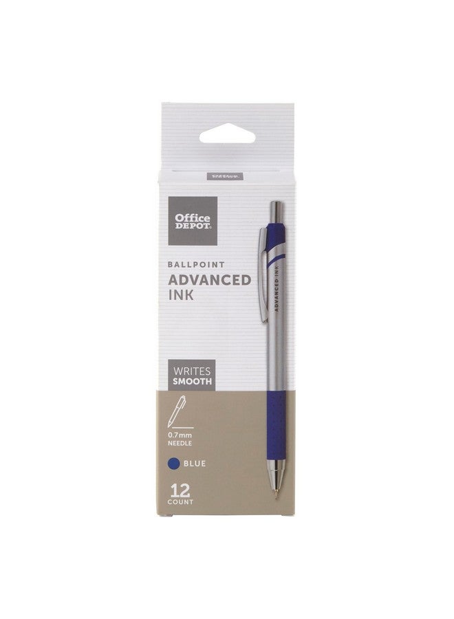 Office Depot Advanced Ink Retractable Ballpoint Pens Needle Point 0.7 Mm Silver Barrel Blue Ink Pack Of 12 - Image 1