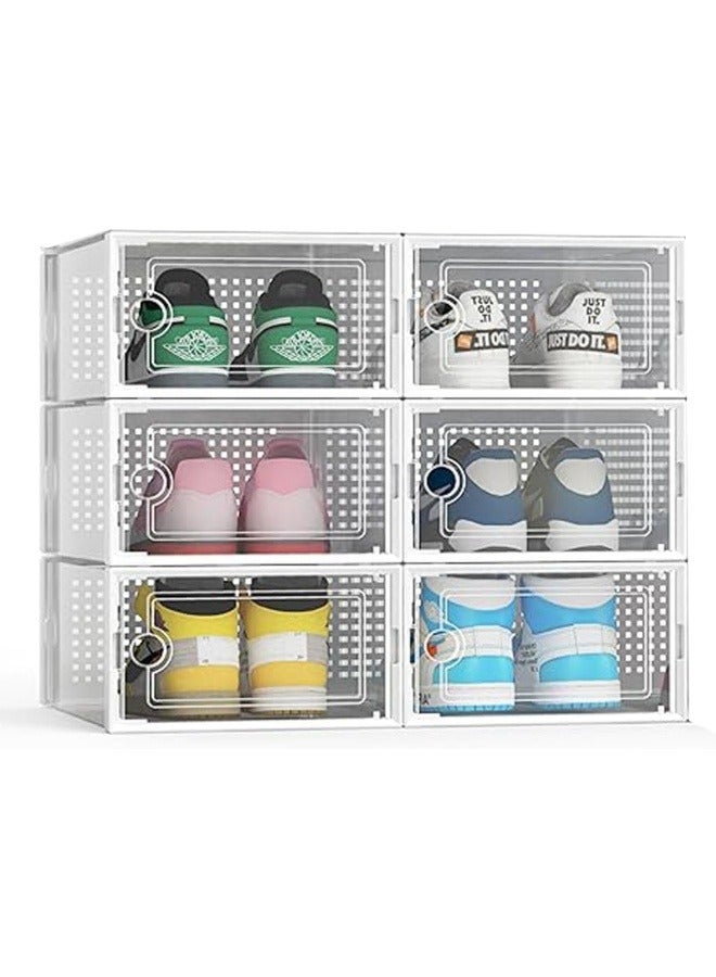 GGEROU Shoe Organizers Storage Boxes for Closet 6 Pack, Stackable Clear Plastic Boxes for Closet, Folable Storage Bins with Lids, Sneaker Storage Box Shoe Rack Containers Bins Holders Cabinet White - Image 1