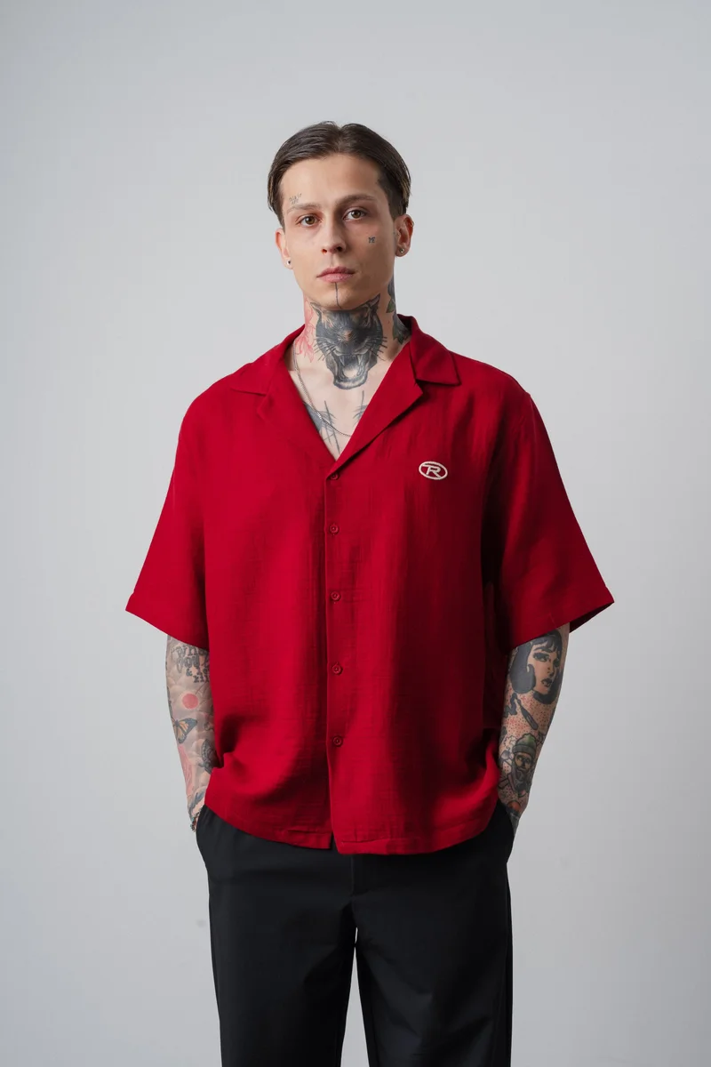 RESPIRE Men's R Embroidered Short-Sleeve Muslin Oversize Shirt Burgundy