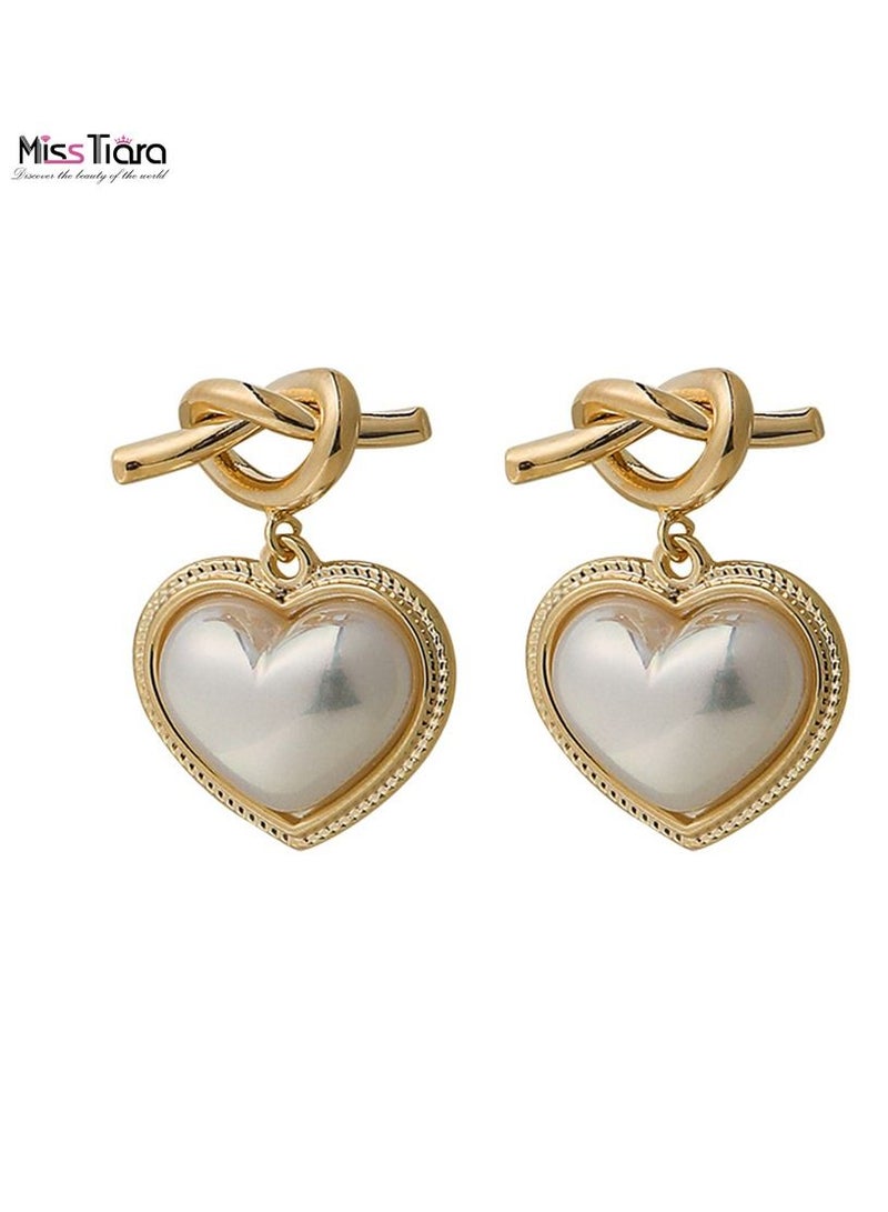 MissTiara S925 silver needle Metal Knotted Heart Pearl Earrings - Image 1