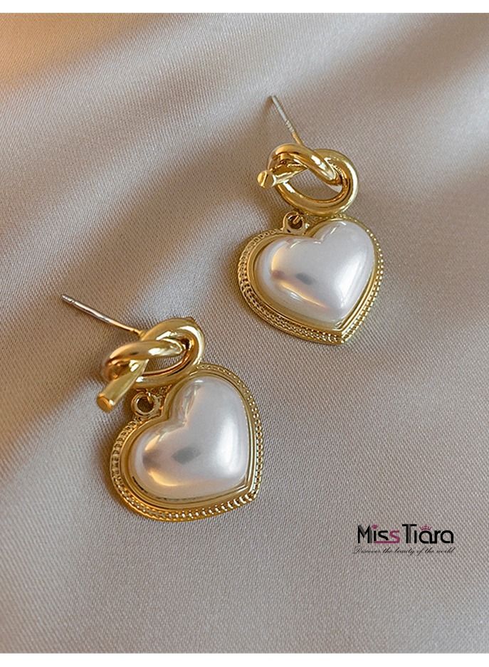 MissTiara S925 silver needle Metal Knotted Heart Pearl Earrings - Image 5