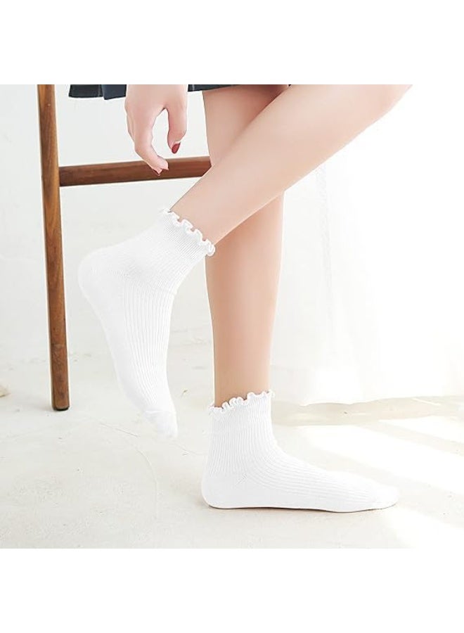 HZYH 5 Pairs Ruffle Ankle Socks for Women, Cotton Frilly Lettuce Edge Crew Socks, Breathable Cute Low Cut Socks for Casual Wear, Office or Gifts - Image 4
