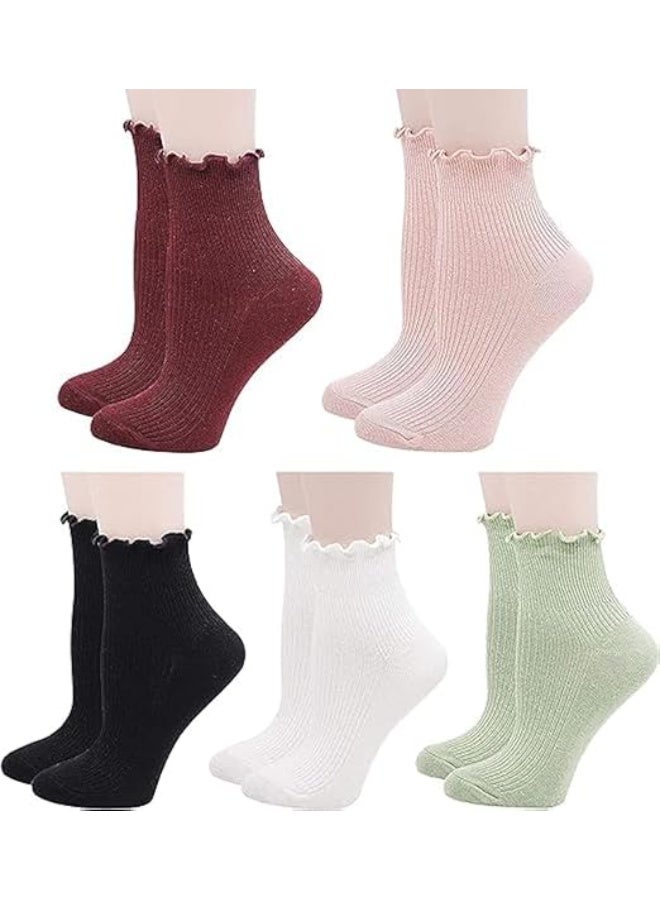 HZYH 5 Pairs Ruffle Ankle Socks for Women, Cotton Frilly Lettuce Edge Crew Socks, Breathable Cute Low Cut Socks for Casual Wear, Office or Gifts - Image 1