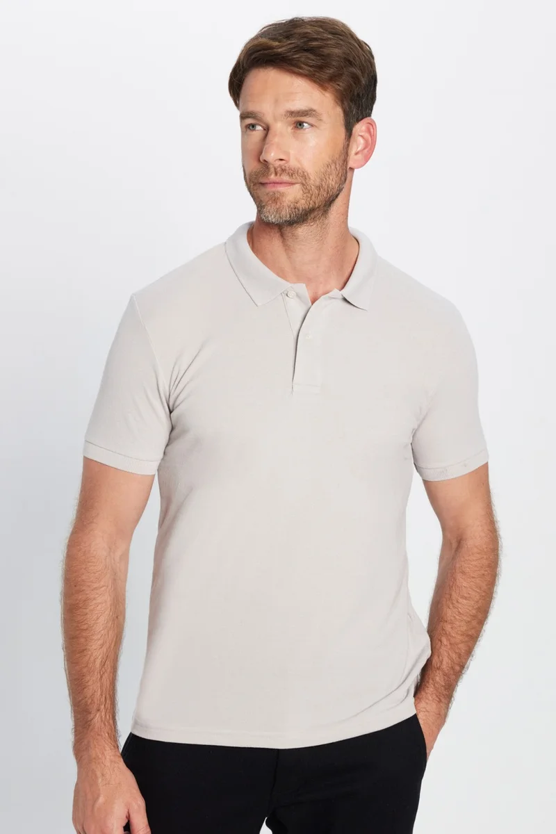 Tudors Men's Slim Fit Narrow Cut Cotton Soft Textured Cool Keeping Fabric Plain Pique Gray Polo Collar T-Shirt