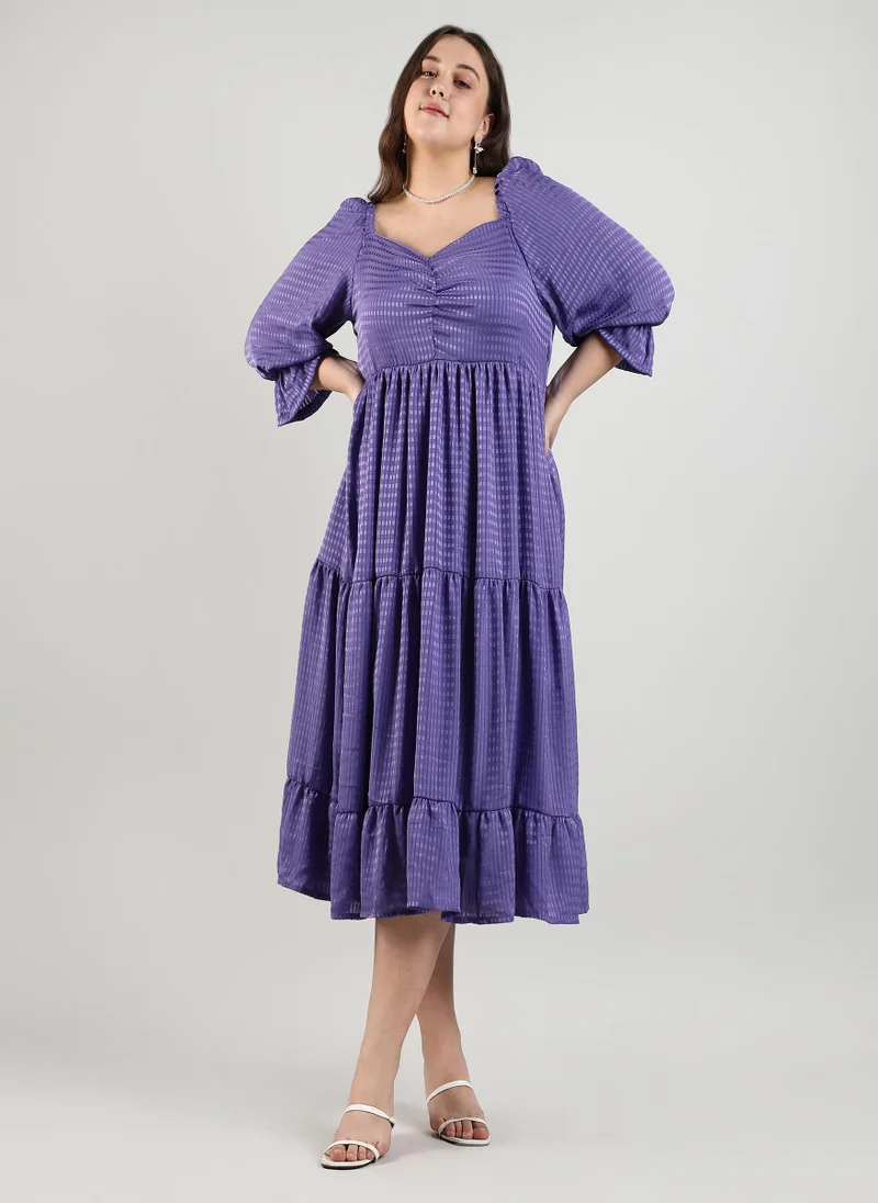 Instafab Plus Women's Amertyst Purple Buffalo Check Midi Dress For Casual Wear | Sweetheart Heart | Short Sleeve | Pull On Closure | Plus-Size Dress Crafted With Comfort With For Everyday Wear
