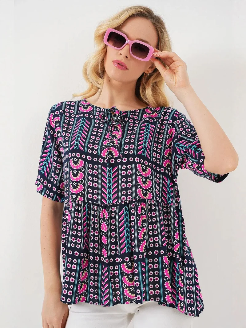 BIG DART BDART Patterned Crew Neck Blouse with Bow Detail