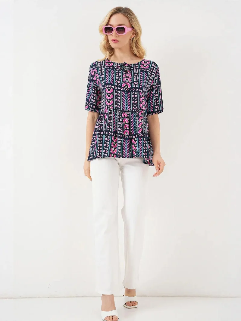 BIG DART BDART Patterned Crew Neck Blouse with Bow Detail