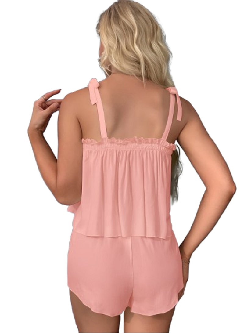 مانيكان طقم بيجامه ناعم للسيدات   ذات الحمالات الرفيعه مع كشكشه عند الصدر مع هوت شورت - Image 2