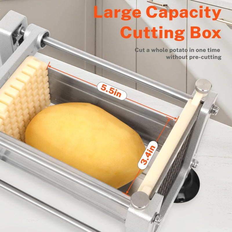 FSUON French Fry Cutter for Potatoes, Stainless Steel Potato Cutter for Fries with 1/2", 3/8", 1/4" Replaceable Blades, Glove, and Brush - Image 3
