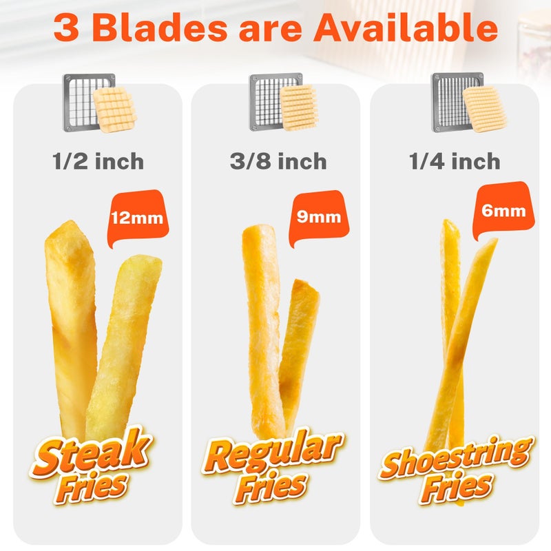 FSUON French Fry Cutter for Potatoes, Stainless Steel Potato Cutter for Fries with 1/2", 3/8", 1/4" Replaceable Blades, Glove, and Brush - Image 2