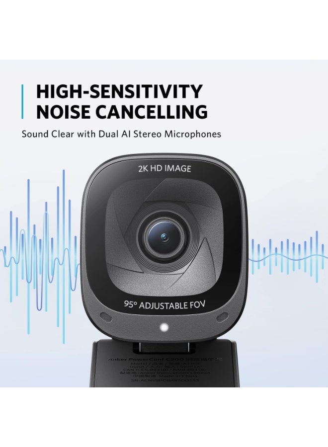 Anker PowerConf C200 2K Mac Webcam For Laptop, Computer Camera, With AI-Noise Canceling Microphones, Stereo Mics, Adjustable Field Of View, Low-Light Correction, Built-in Privacy Cover 5.0cm Black