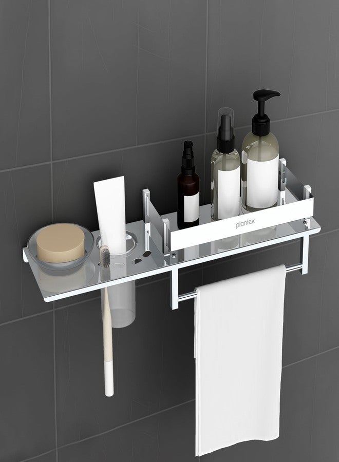 Plantex Stainless Steel 4in1 Multipurpose Bathroom Shelf/Bathroom Steel Rack with Soap Dish, Towel Rod and Tumbler Holder-Chrome (18x5 inches) - Image 1