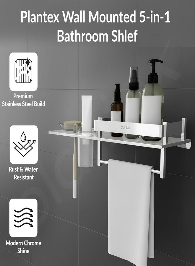 Plantex Stainless Steel 4in1 Multipurpose Bathroom Shelf/Bathroom Steel Rack with Soap Dish, Towel Rod and Tumbler Holder-Chrome (18x5 inches) - Image 3
