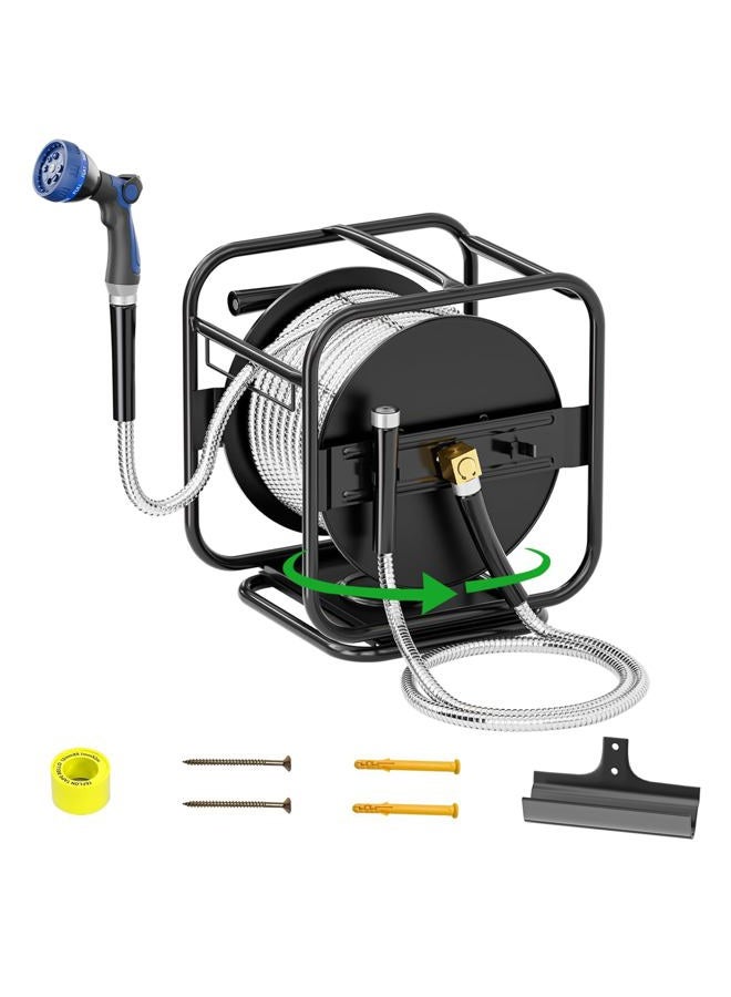 SPECILITE Metal Garden Hose Reel With 100 Ft 304 Stainless Steel Water Pipe, Heavy Duty UV Resistant Wall Mount/Floor Spool with Sprayer Nozzle, 3/4'' Brass Fittings, 360° Rotation Frame, for Yard - Image 1
