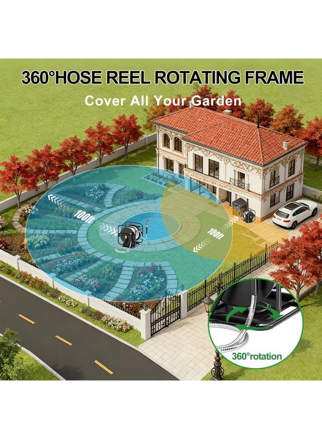 SPECILITE Metal Garden Hose Reel With 100 Ft 304 Stainless Steel Water Pipe, Heavy Duty UV Resistant Wall Mount/Floor Spool with Sprayer Nozzle, 3/4'' Brass Fittings, 360° Rotation Frame, for Yard - Image 3