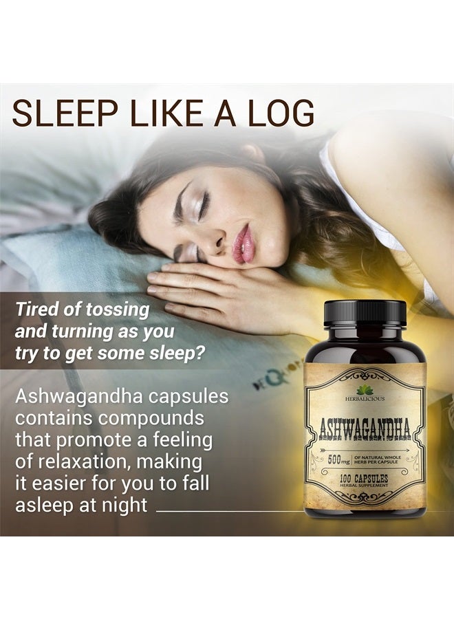 HERBALICIOUS Ashwagandha Supplement - Natural Withania Somnifera Root Capsules - Natural Stress Relief, Mood Booster, Sleep Aid & Calming Support – 100 Count  - Image 2