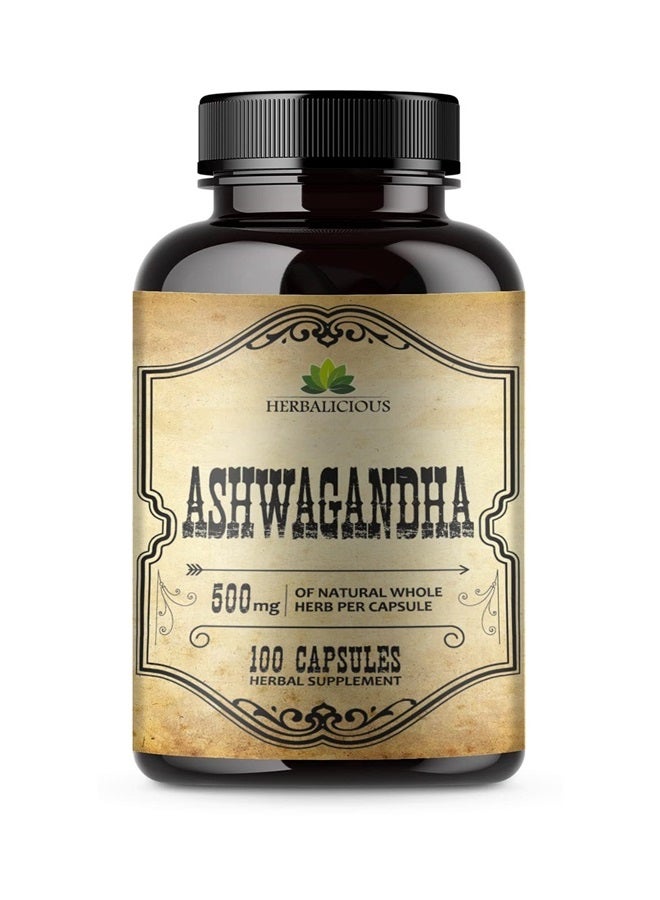 HERBALICIOUS Ashwagandha Supplement - Natural Withania Somnifera Root Capsules - Natural Stress Relief, Mood Booster, Sleep Aid & Calming Support – 100 Count  - Image 1