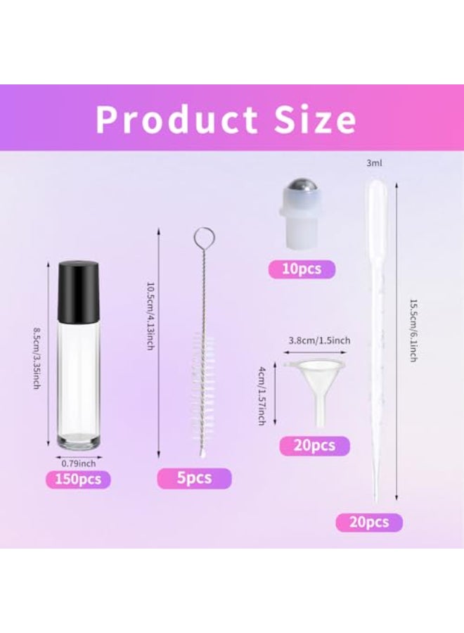 Olutacot 150 Pcs Essential Oil Roller Bottles 10 ml Leakproof Empty Glass Roll on Bottles with Stainless Steel Roller Balls with 20 Funnels 20 Droppers for Travel Perfume Essential Oil - Image 3