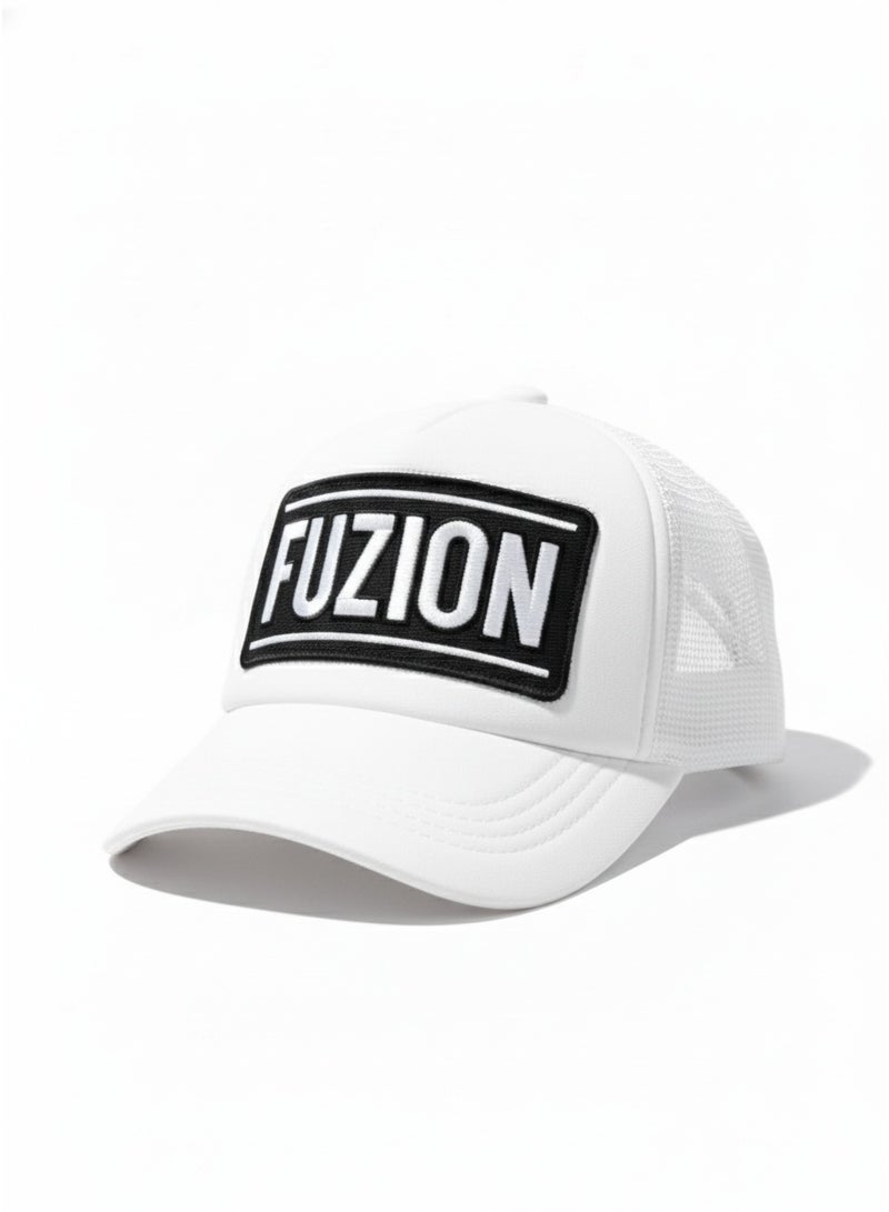 FUZION White & Black Mesh Trucker Cap – Bold 3D Embroidered Logo – Adjustable Unisex Fit - Image 1