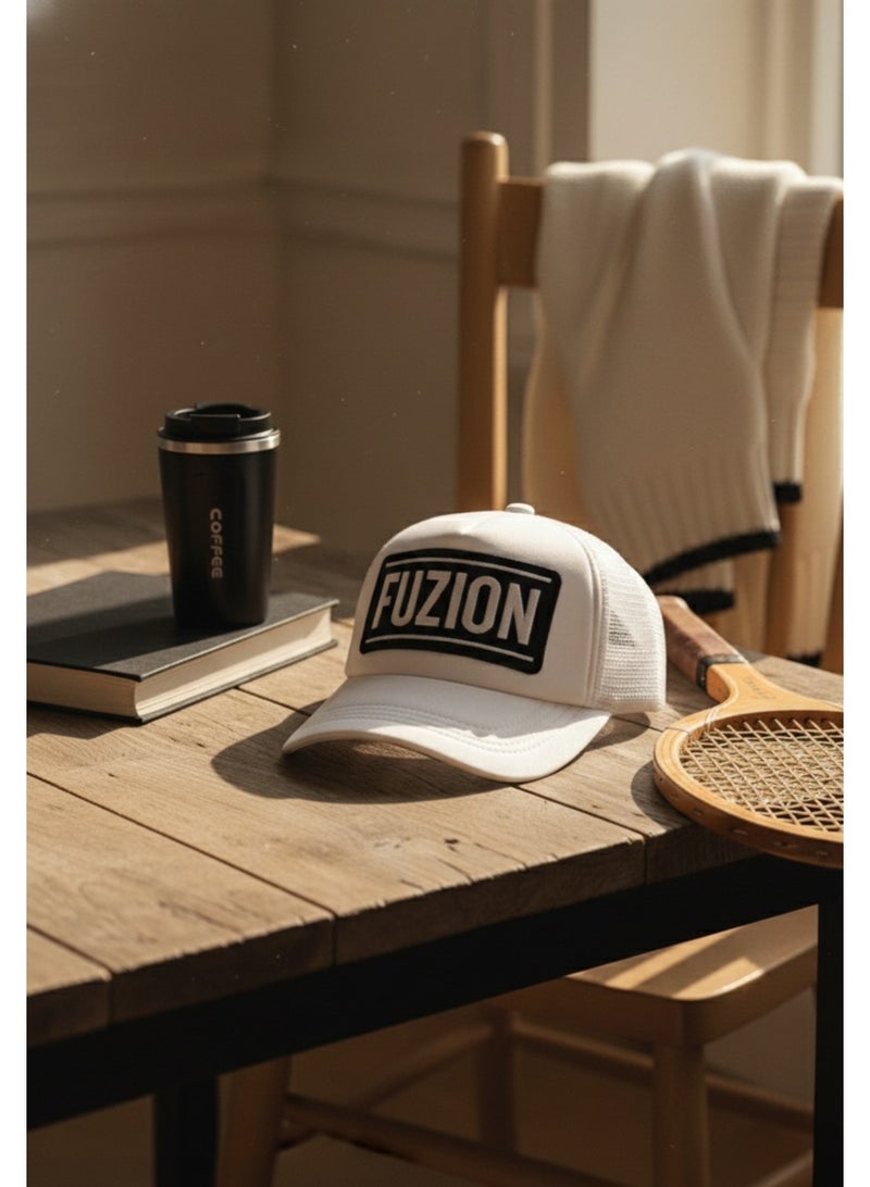 FUZION White & Black Mesh Trucker Cap – Bold 3D Embroidered Logo – Adjustable Unisex Fit - Image 2