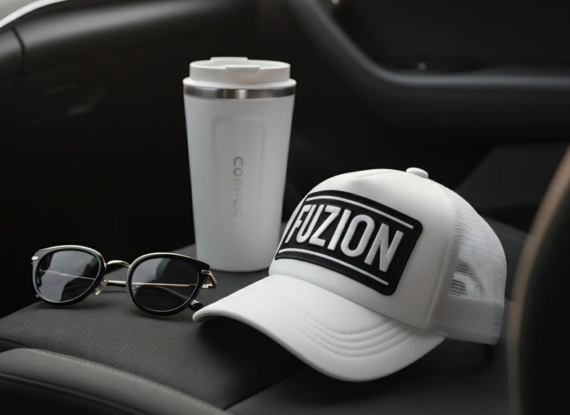 FUZION White & Black Mesh Trucker Cap – Bold 3D Embroidered Logo – Adjustable Unisex Fit - Image 3